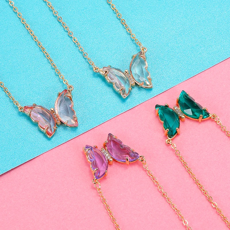 

HOVANCI 18K Gold Plated Green Glass Necklace Butterfly Clear Crystal Butterfly Gold Necklace For Women Gift