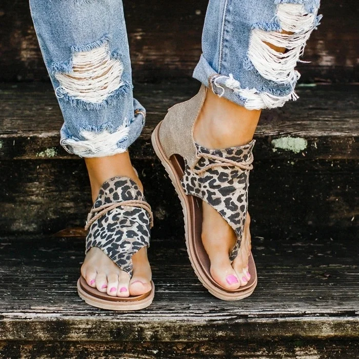 

Women Spring Summer Lace Up Sandals Leopard Sunflower Zipper Flat Sandals