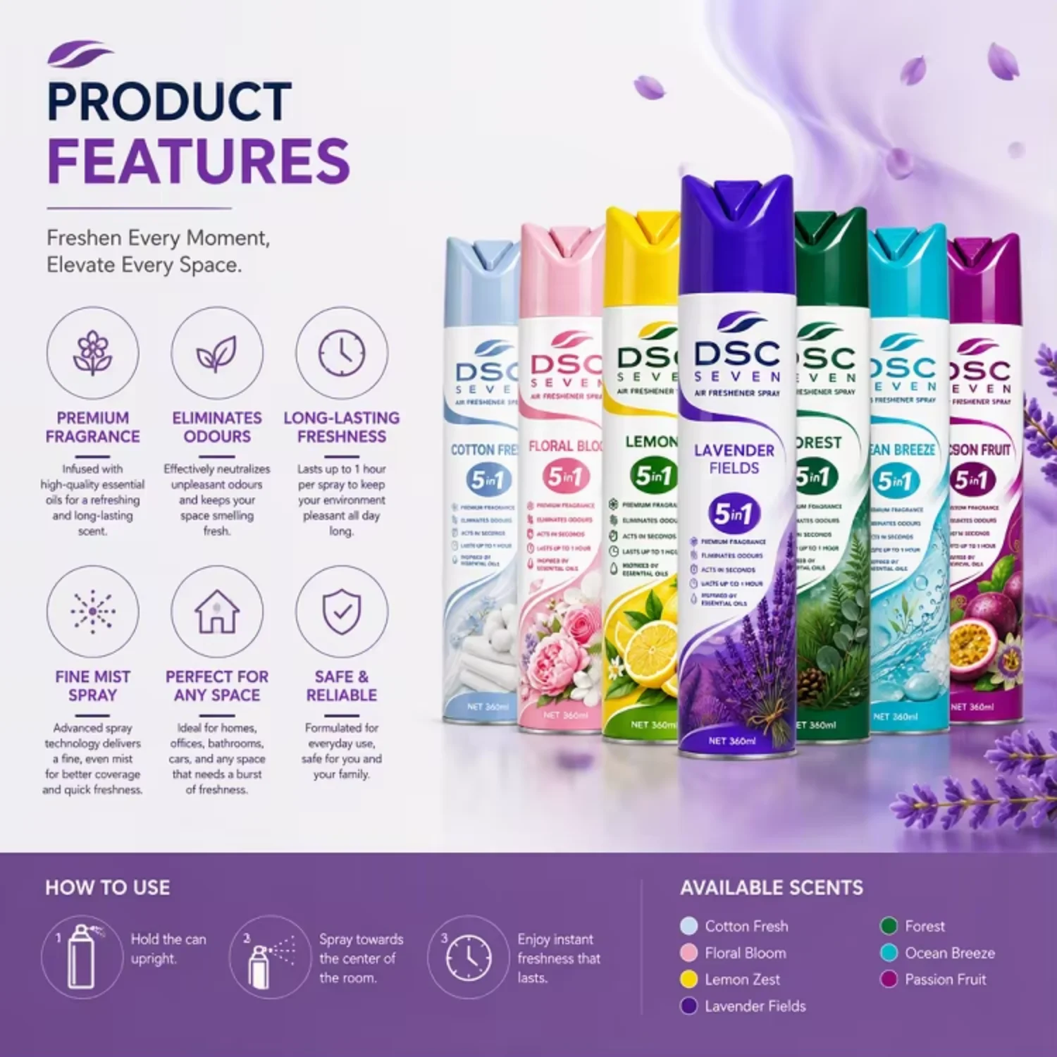 360ml Eco-Friendly Lavender Long Lasting Aerosol Air Freshener Spray Multi Scents Odor Remover