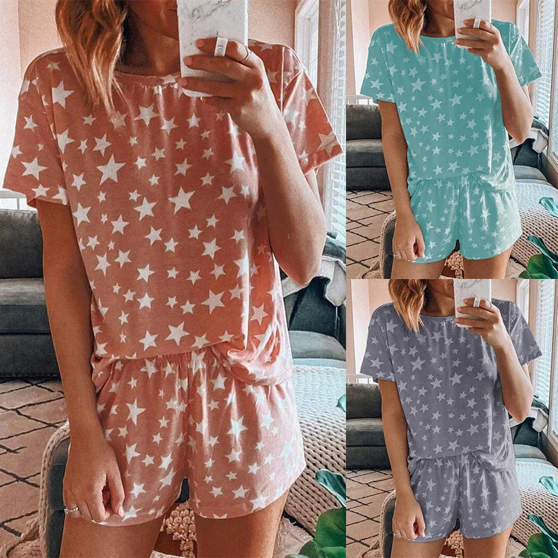 

2021 Summer Short Sleeve Top Home Wear Clothes For Women 2 Piece Pijamas Loungewear Set Sleepwear, Orange, gray, blue, sky blue