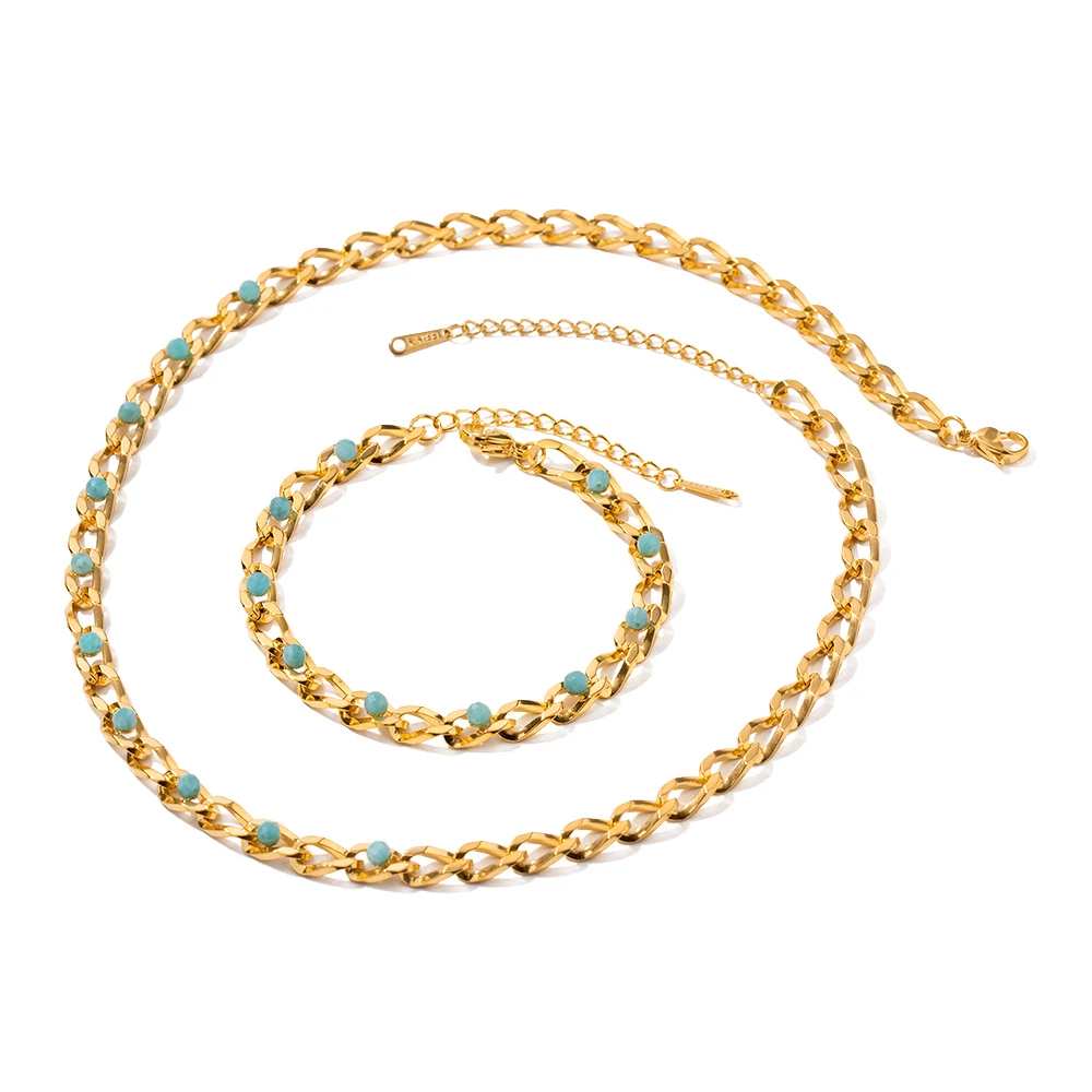 

Waterproof 18K Gold Plated Stainless Steel Bracelet Jewelry Set Natural Stone Cuban Chain Necklace Set