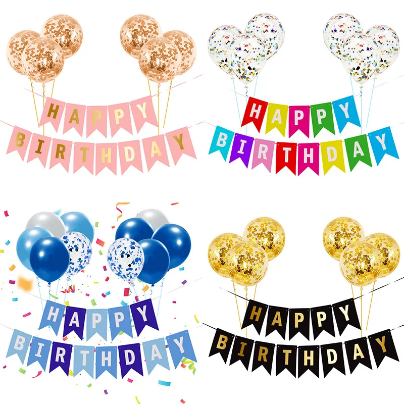 

Happy Birthday Banner and Balloon Sets Hot Foil Stamping Banner Balloons with Colored Sequins Birthday Decoration