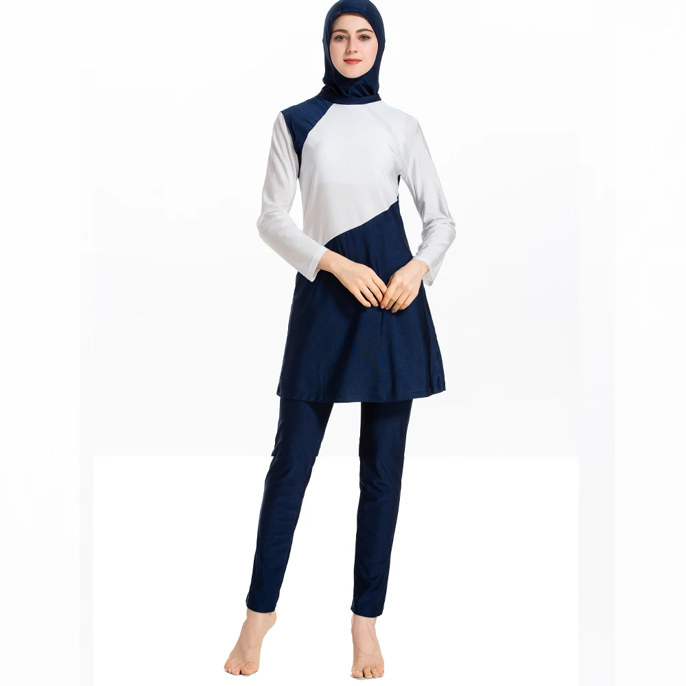 

FREE SHIPPING 2020 Designer Conservative Sunscreen Fully Surrounded Long Sleeve 3 Piece Muslim Islamic Women Swimwear Swimsuit, Black,navy