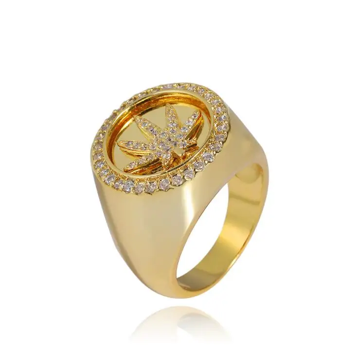 

XuQian Wholesale Gold Iced Out Zircon Cuban Link Leaf Rings for Man Women, Silver,gold