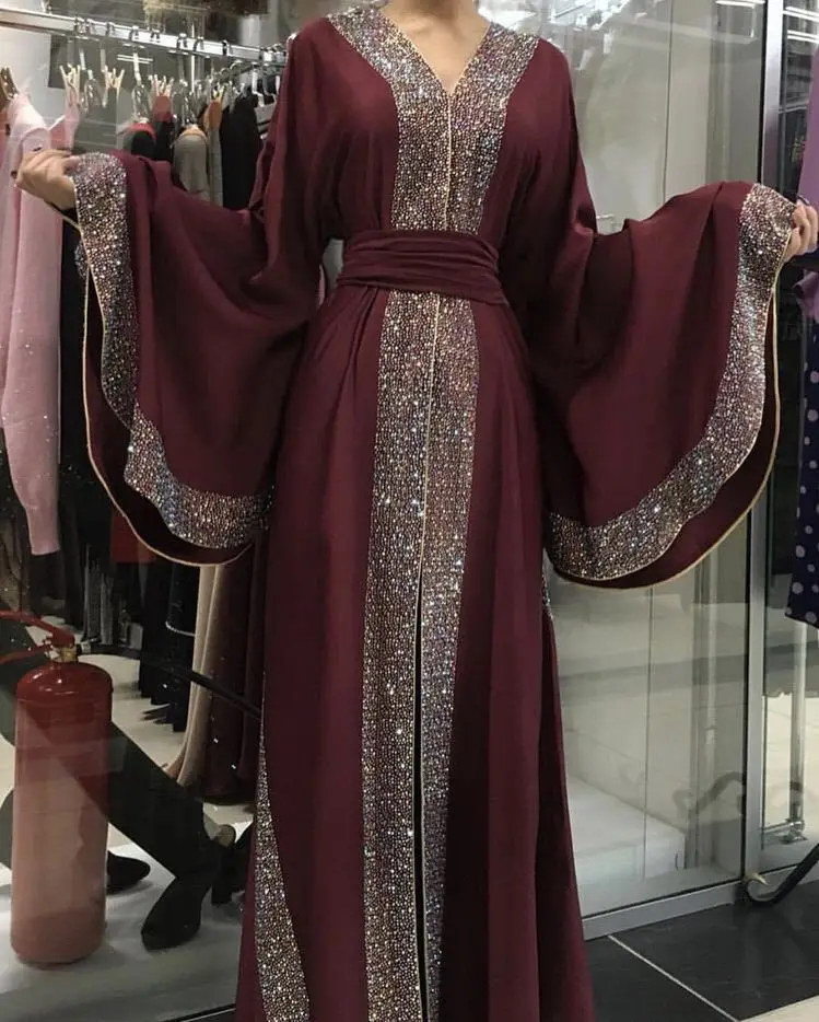 

Islamic Muslim Long Dress Womens Abaya Diamond Robe Dress with Belt Turban Elegant Arab Muslim Dress