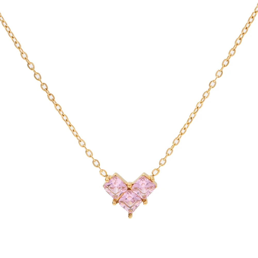 Ins French Style Shiny Pink Cubic Zircon Heart 18K PVD Gold Plated Stainless Steel Pendant Necklace