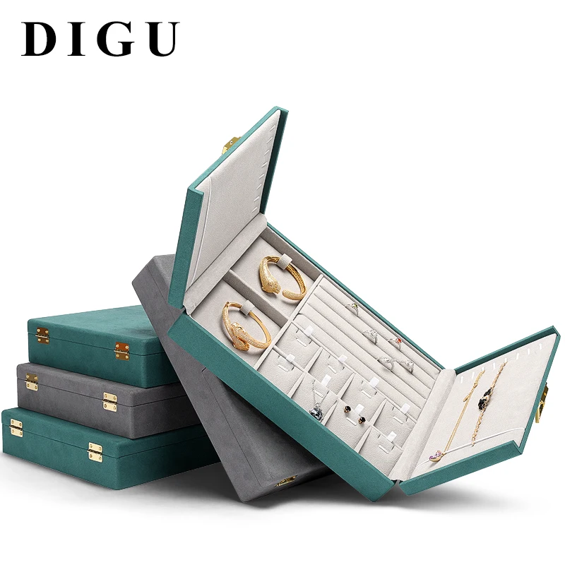 

Digu Microfiber double open metal lock jewelry box ring necklace bracelet large capacity jewelry box, Grey,green