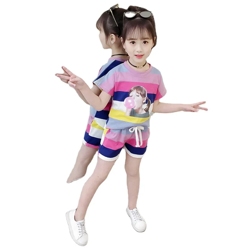 

XQM Girls' Striped Suits Big Children Rainbow Print Head Portrait Two-Piece Summer Clothes Korean Children'S Clothes