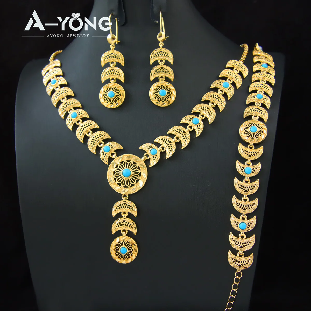 

Ayong Luxury Turquoise Jewelry Brass Half Moon Italian Jewelry Set 18k Gold Plated