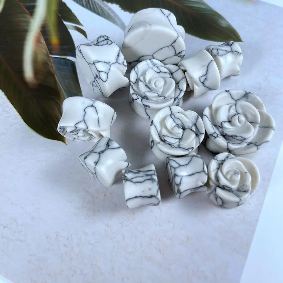 

Stone Ear Plugs Howlite Stone Rose Flower Shaped Stone Ear Plug Ear Expander Body Piercing Jewelry