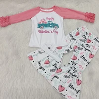 

New Valentine Style Ruffle Sleeve Raglan With Bells Pants Girls Outfits Boutique Love Heart Print Kids Clothing