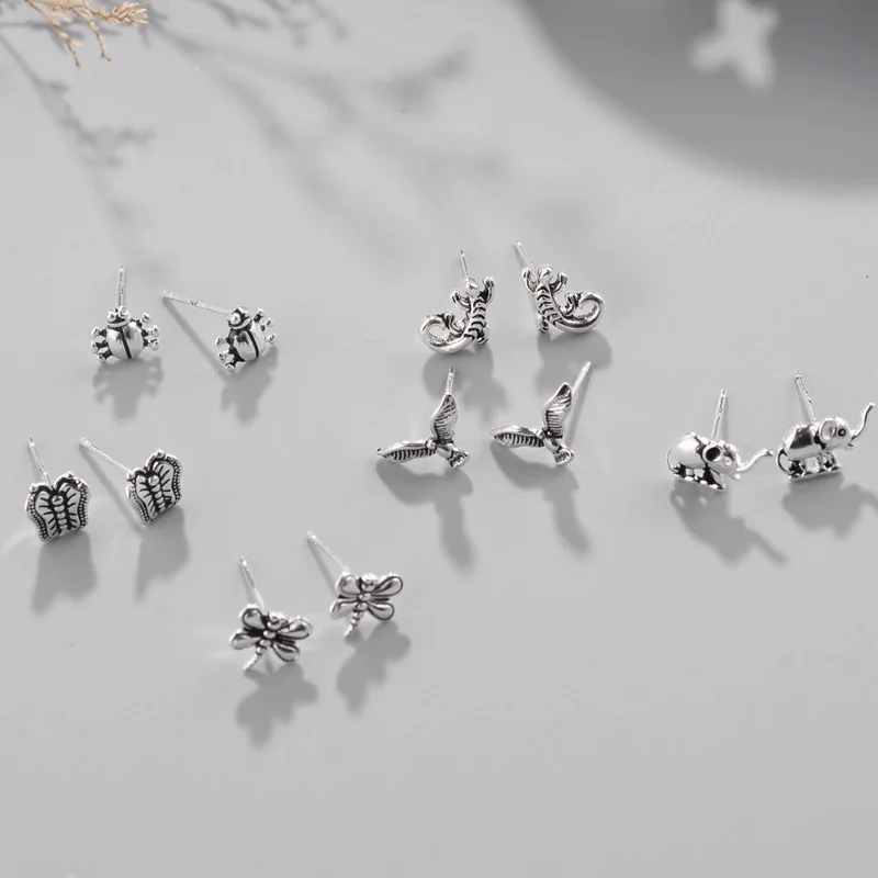 S925 Sterling Silver Women's Earring Retro Simple Korean Fashion Design with Gold Plating Trendy Small Animal Style