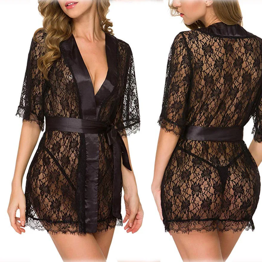 

NY-0751 New Amazon Hot Sales See Through Lace Sexy Erotic Lingerie Robe