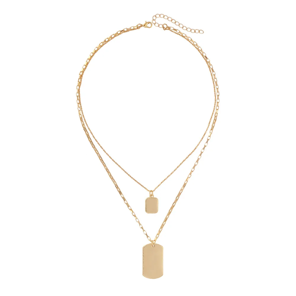 

Simple Multilayer Geometric Square Alloy Pendant Necklace Golden Hip Hop Stacked Metal Chain Clavicle Chain, Like picture