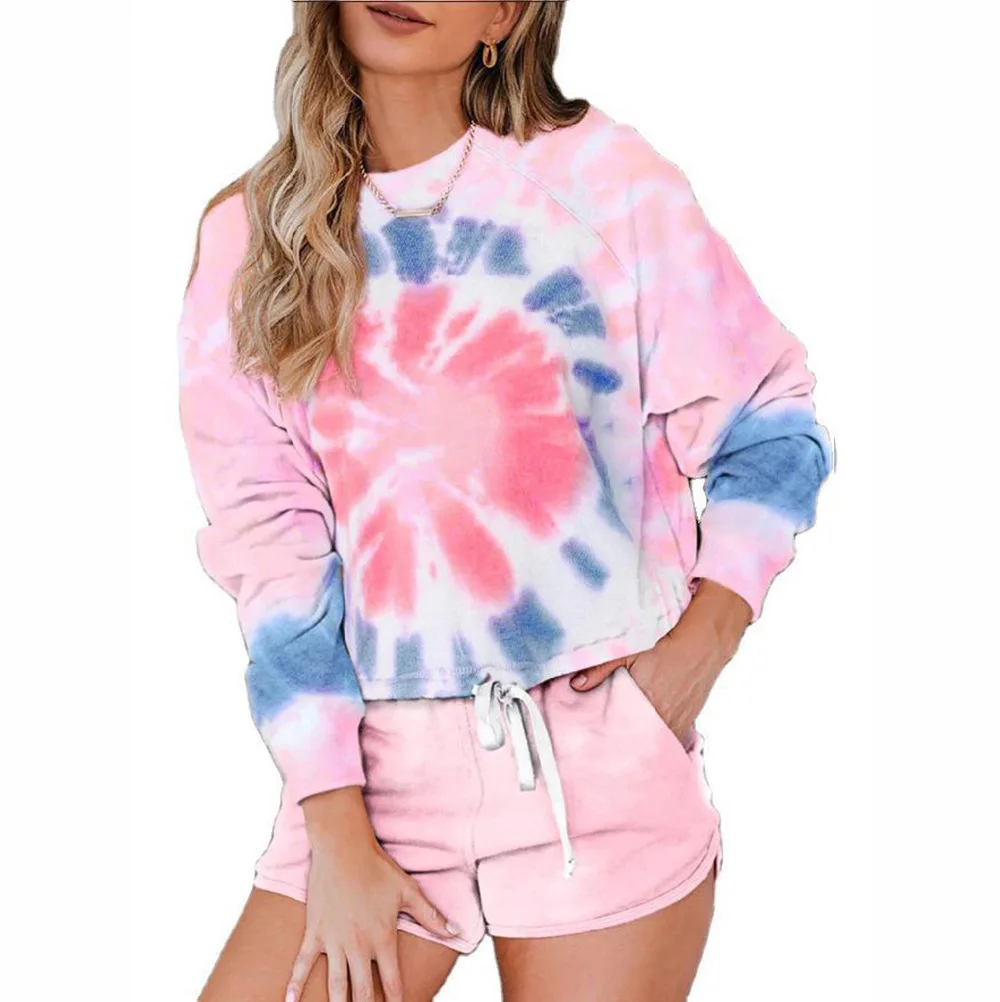 

New Street Style Cool Girl Tie-dye Oversized Loose Leisure Wear Causal Two Pieces Set Crewneck Sweatshirt For Women, 3 colors