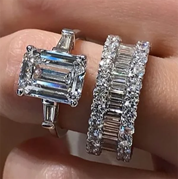 

CAOSHI Jewelry Accessories Women Girls A Pair Of Luxury Zircon Rings Bride Dainty Silver Rectangle Round Wedding Ring Sets Women