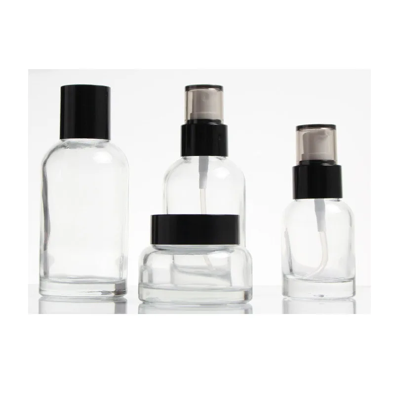 

100ml clear glass lotion round bottle glass skincare empty bottle with black pump cosmetic luxury spray bottle