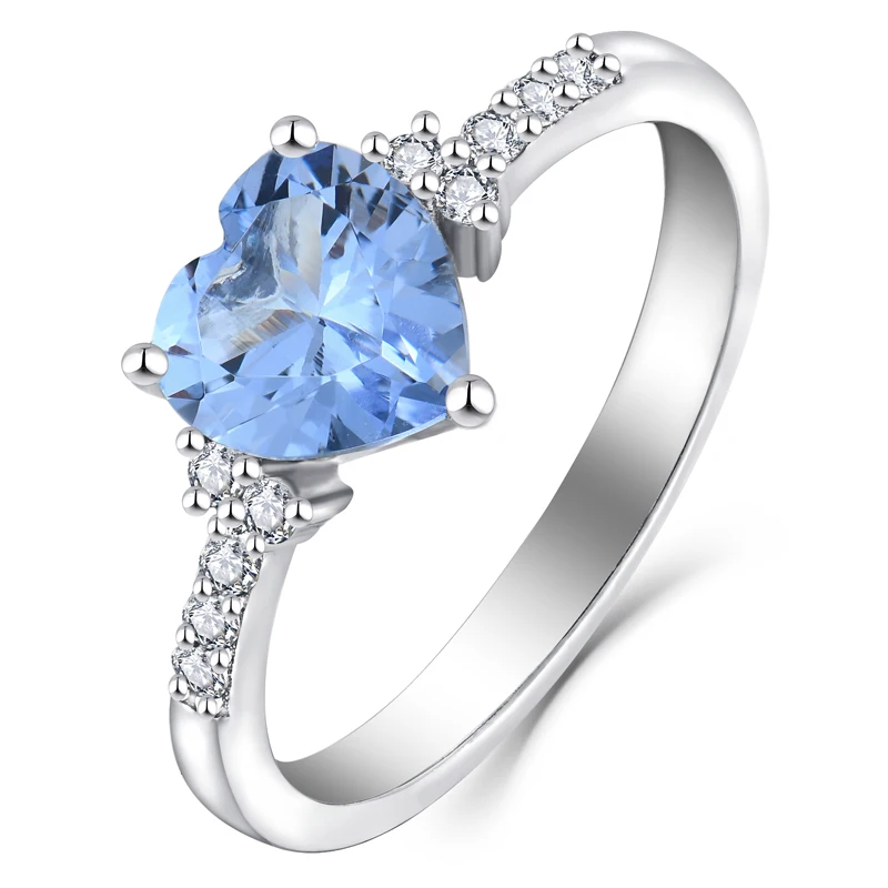 

Women Romantic Wedding Engagement Rings Rhodium Plated 925 Sterling Silver Light Blue CZ Bling Heart Shaped Diamond Stone Ring