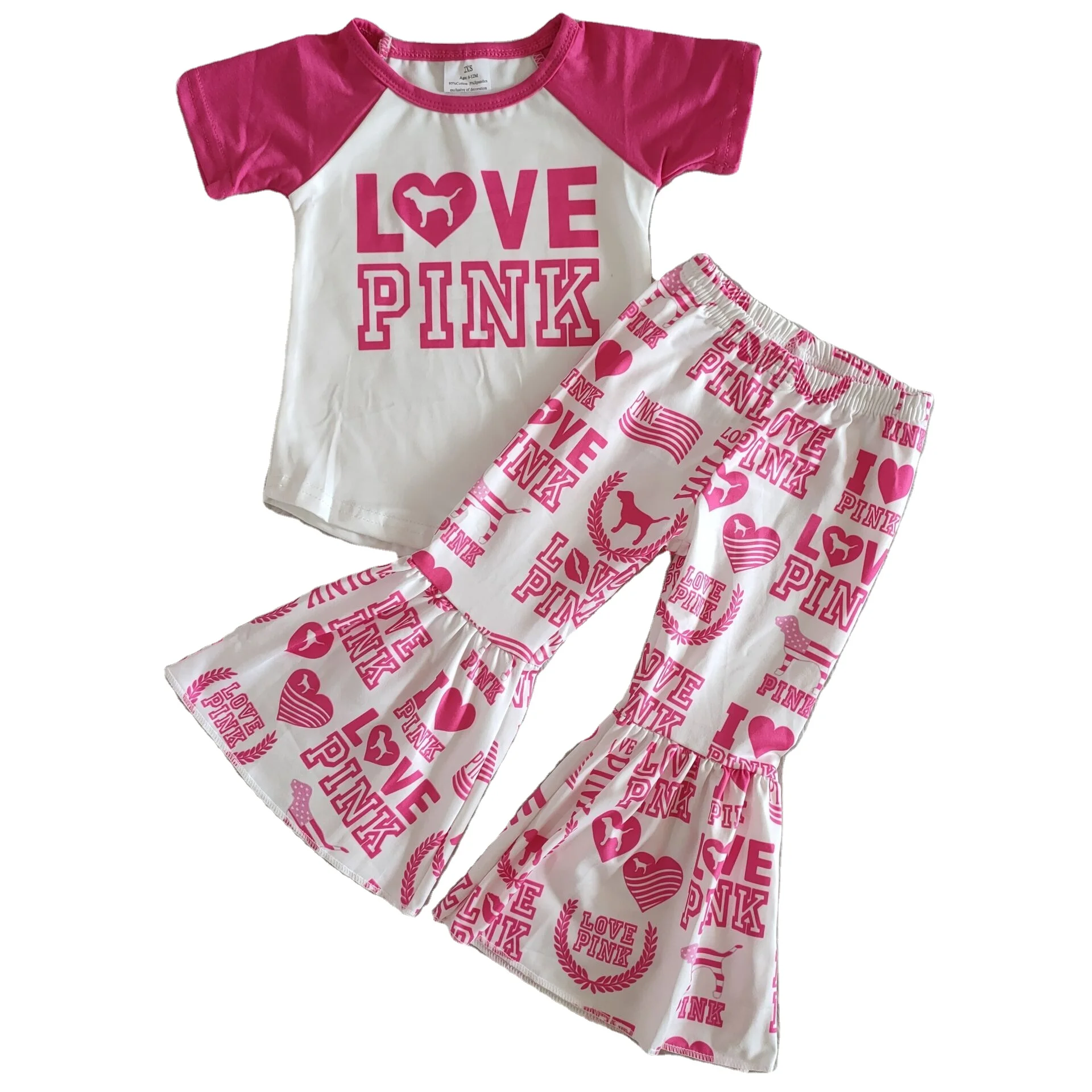 

wholesale baby girls love clothes short/long sleeve Pink solid raglan top Love Dog Bell Bottom Pants Boutique Clothing Set