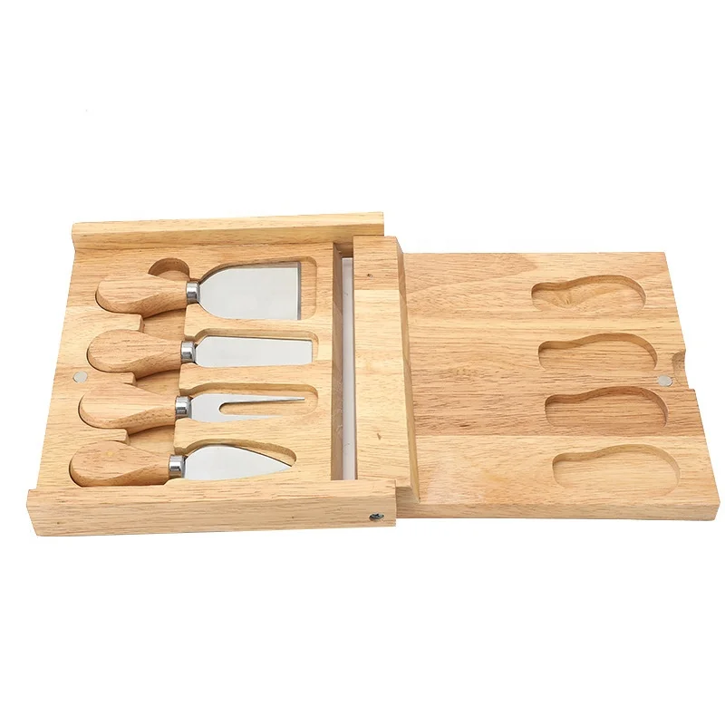 

Professional Set of 4 Pcs Cheese Knives Stainless Cheese Slicer Cheese Cutter with Wood Handle Custom Wood Box