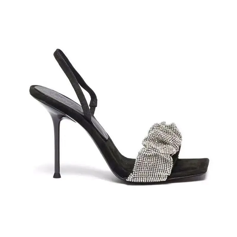 

New Arrival Sexy Black Rhinestone Strap Thick Ankle Stap Elegant Ins Hot Fashion Heeled Trendy Sunmer Sandals, As picture