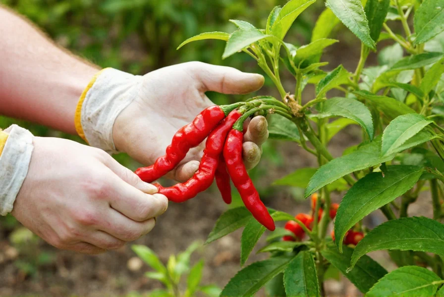 Hand wearing gardening gloves harvesting ripe red tabasco peppers from plant in garden