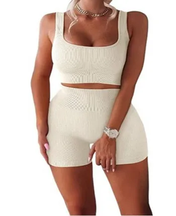

Summer Short 2 Piece Seamless Ribbed Crop Tank High Waist Shorts Yoga Outfits Workout Sets for Women