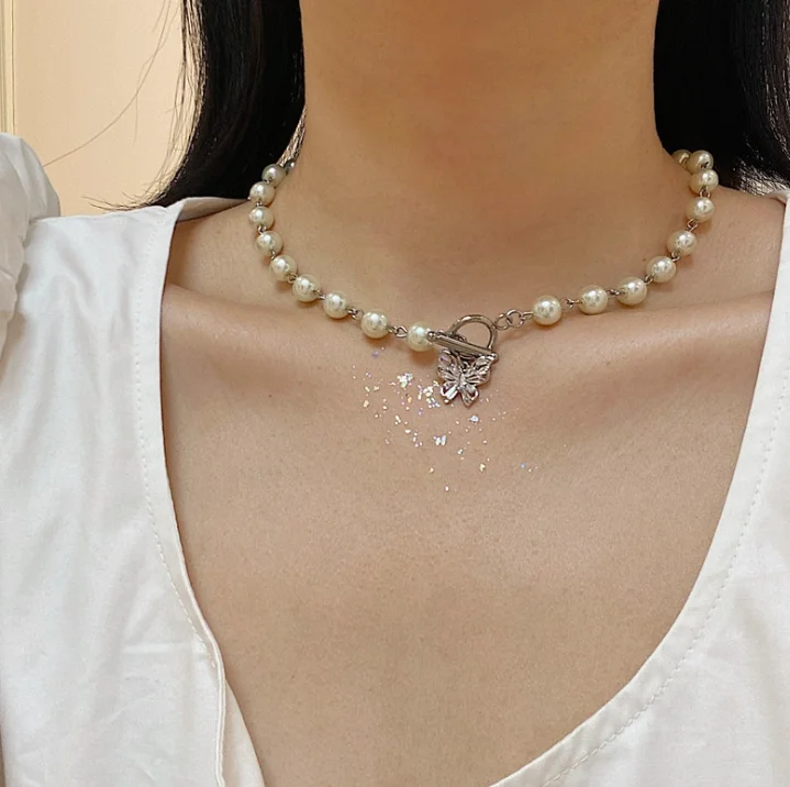 

jialin jewelry hip hop women Korea stainless steel pearl ins choker butterfly adjustable chain necklace
