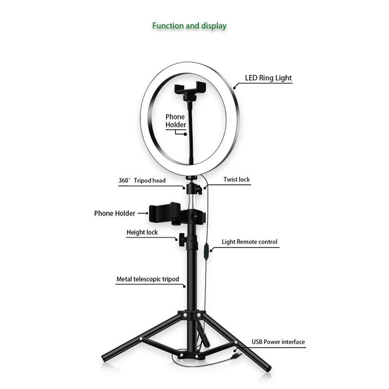 photographic lighting 10 inch with 2M tripod stand phone holder beauty lamp 10w battery operated led ring light