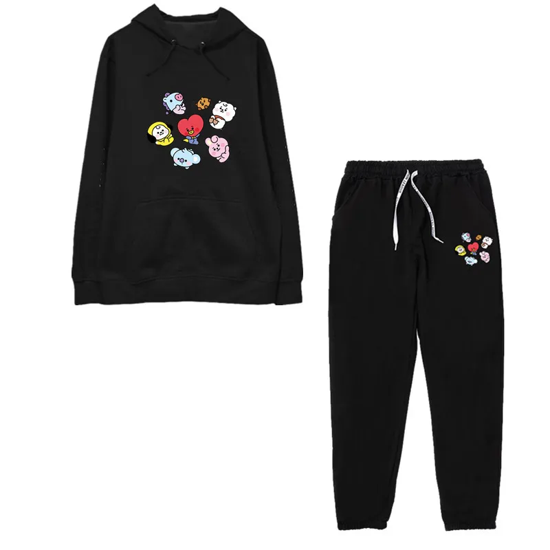 

BTS BT21 Hooded Sweater Suit 100% Cotton Casual Sports Lace-Up Pants Bangtan Boys Casual Sweater Suit, Black grey