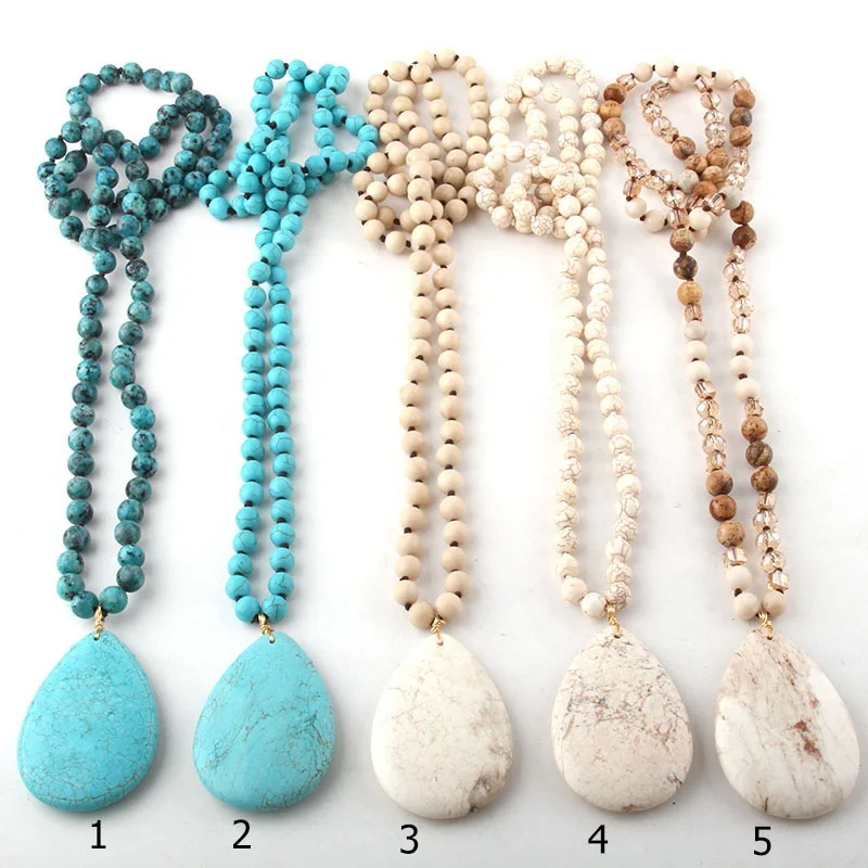 

Fashion Bohemian Tribal Jewelry Women Necklace Turquoise Stone Long Knotted Stone Drop Pendant Necklace, 5 design