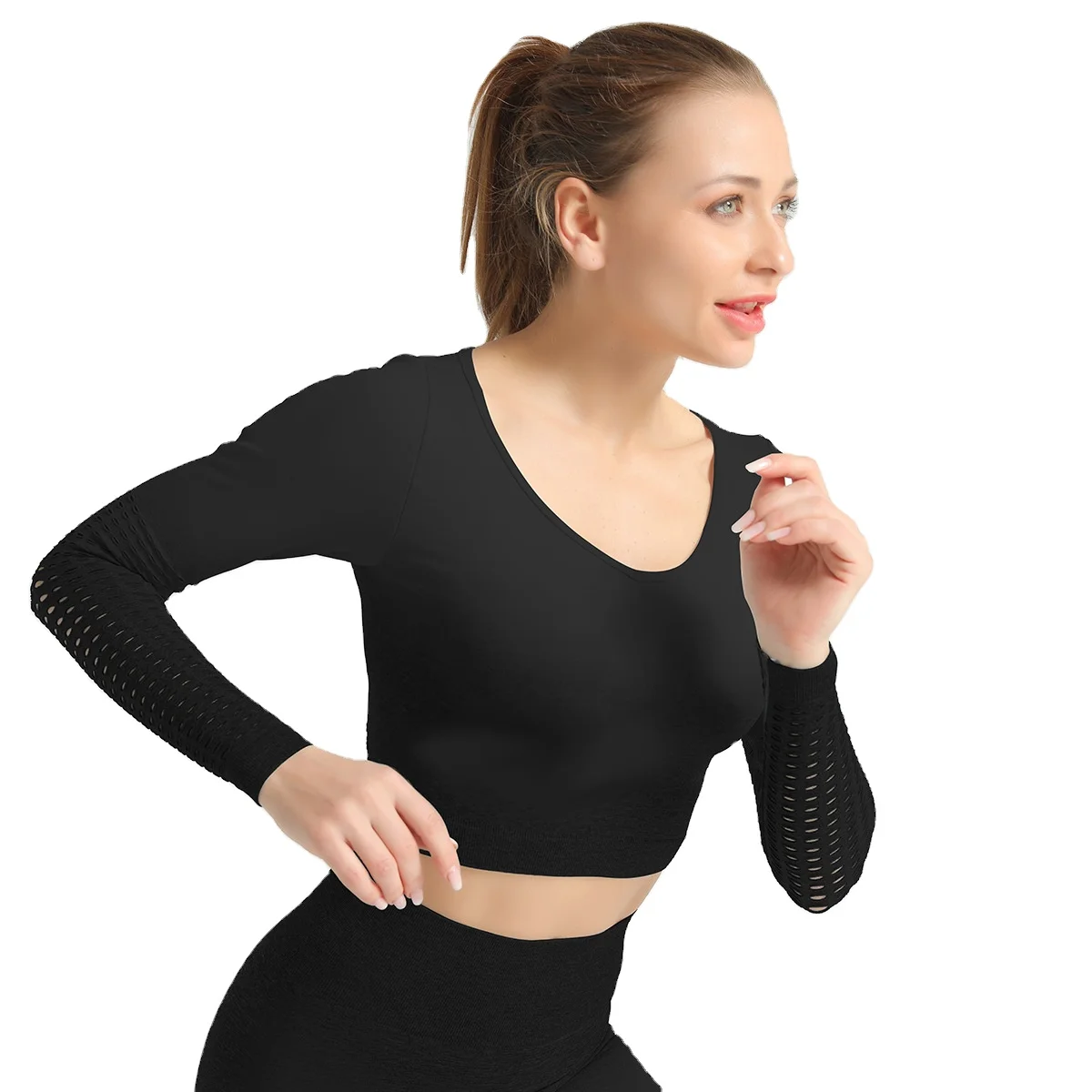 

Knitted Hanging Dyeing Seamless Long Sleeve Women Hollow Out Top Gradient Sports Fitness Suit Workout Clothing Yoga T-shirt