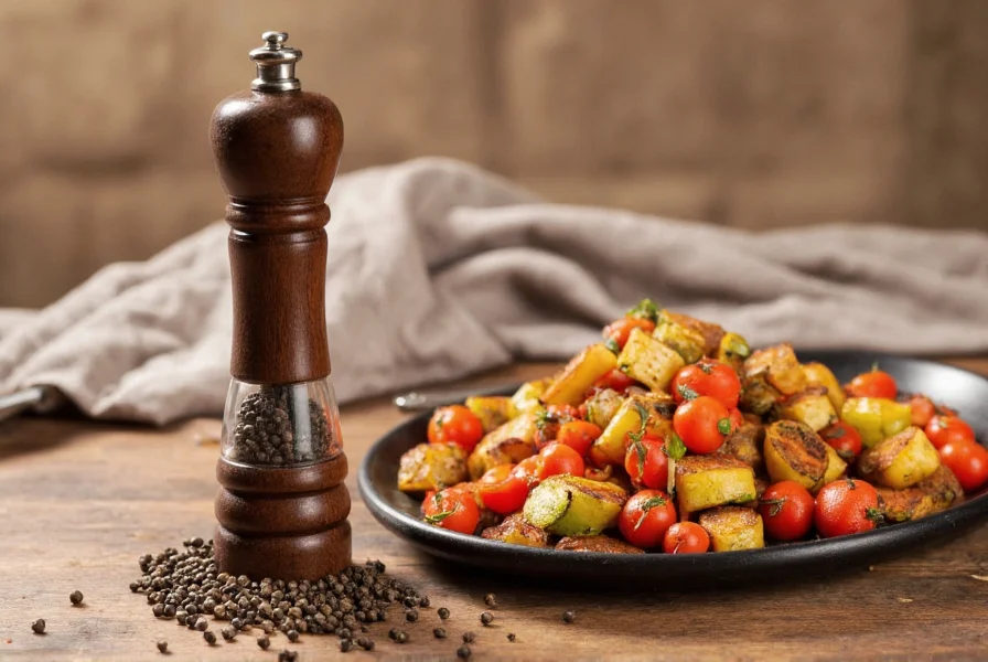 Glass pepper mill next to whole peppercorns and a dish of roasted vegetables showing proper storage and usage of ground pepper