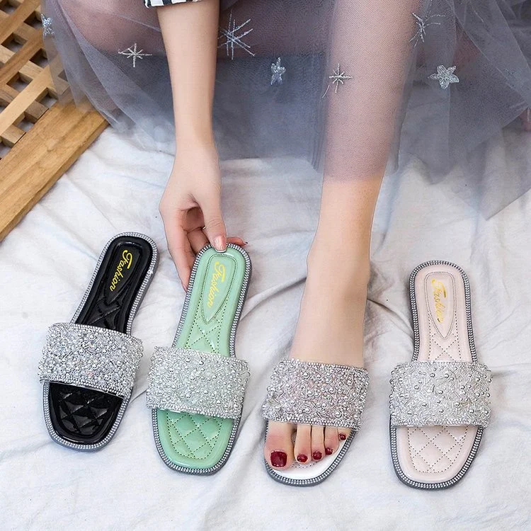 

2021 Factory direct sale hot sale fashion sequins comfortable sandals summer women simple outdoor plus size slippers, Black, white, green, beige
