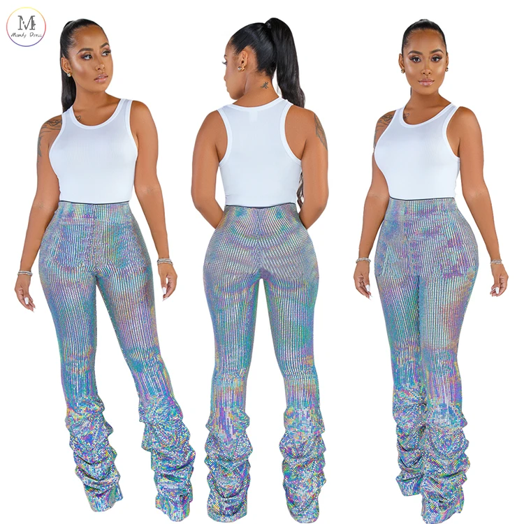 OEM Accept Ladies Colorful Sequin Pants Fall Fashionable Trousers Sexy Casual Long High Waisted Bell Bottom Flare Women's Pants
