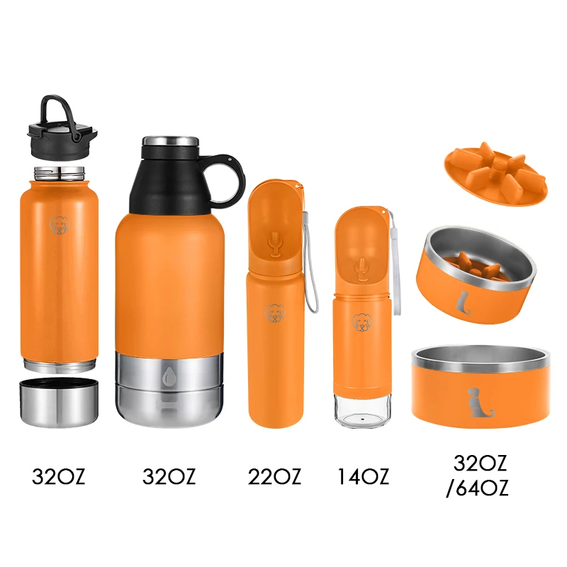 

2022 3 In1 stainless steel Dog water bottle insulated Pet Travel Water Drinking bottle with food feeder bowls