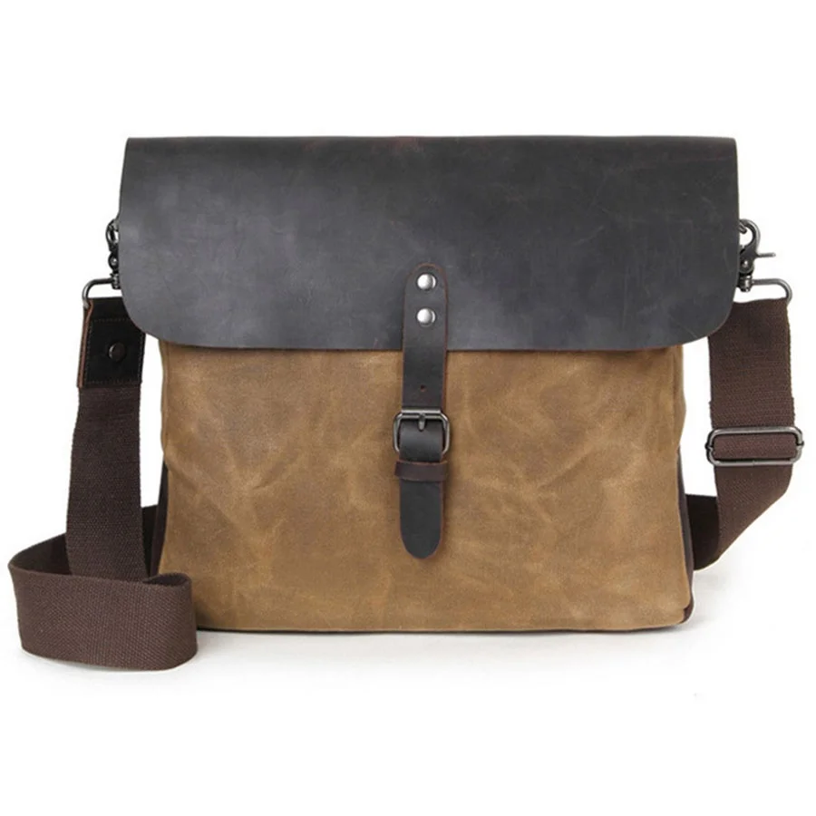 

Vintage Small Messenger Bag Genuine Leather Waxed Canvas Men Classic Flap Crossbody Shoulder Bag for outside travel, Customized
