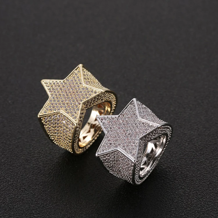 

Hip Hop Full Diamond Micro Inlaid Zircon Pentagram Ring Men's Jewelry, Picture shows