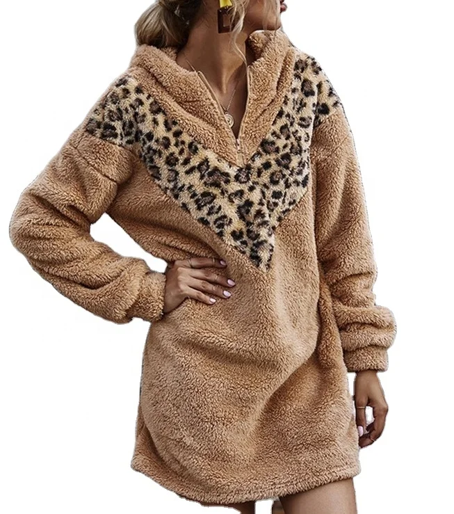 

NS033 2021 spring New leopard stitching hood furry fashion Long sleeve women long coat winter, Picture color