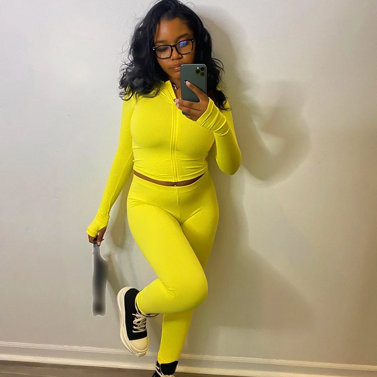 

Trending Fall Clothing Hoodie Long Sleeve 2 Piece Sweat Suit Solid Skinny Tracksuit Women Zipper Up Hoodies Legging Pants Set, Yellow,green,pink,black