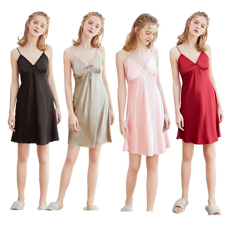 

Hot Sale Homewear Leisure Wear Sexy Slim Sleepwear Solid Color Lace Satin Sleeveless V Neck High Quality Silk Pajamas