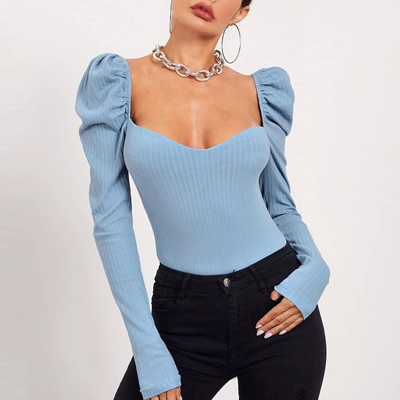 

2022 Spring New Puff Sleeve Tops Female Square Neck Slim Women Clothing Wear Long Sleeve T-shirts