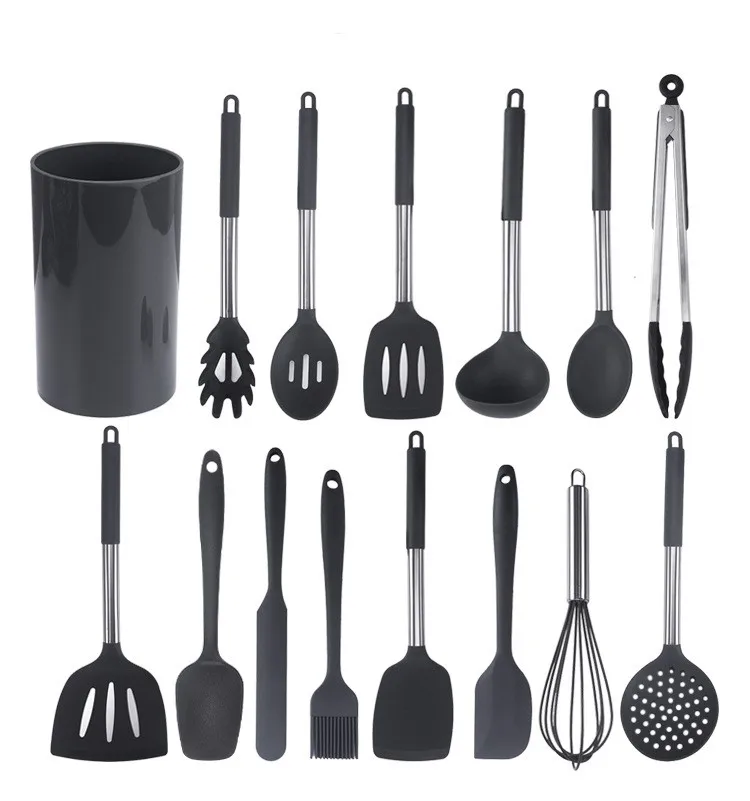 

Silicone kitchenware color 15pcs kitchen utensils set new storage barrel stainless steel handle kitchenware set, Customized