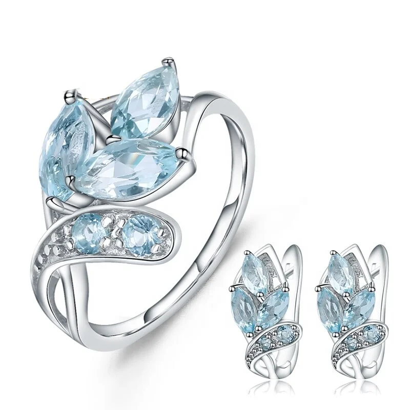 

925 Sterling Silver Leaf Shape Natural Sky Blue Topaz Earrings Ring Set Jewellery, Blue,white