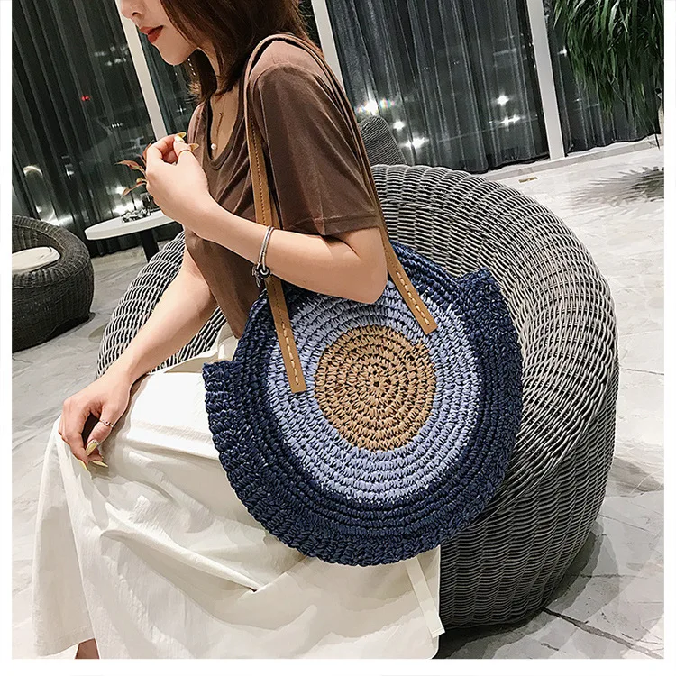 

China luxury colorful tote bag handwoven round beach shoulder bag straw bag with leather handle, Brown/blue/beige