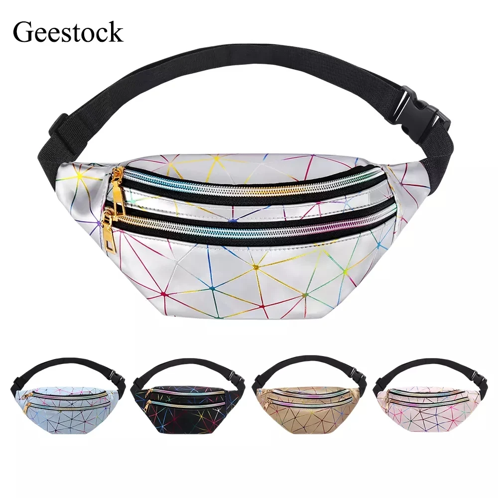 

Waist Bag for Women Glitter Fanny Pack Waterproof Geometric Belt Bag Fashion Laser Waist Pack Phone Pouch, Silver, black, pink, golden, blue, white