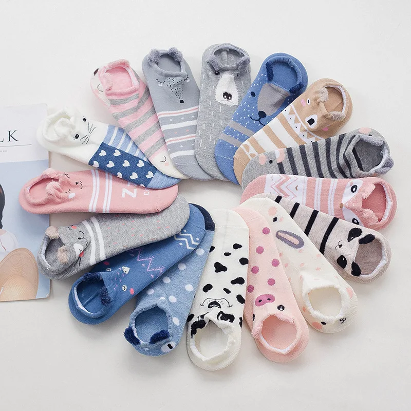 

Wholesale Many Design Girls Cute Stereo Animal Ears Short Ankle Socks Cartoon for Lady, 17 colors as photo