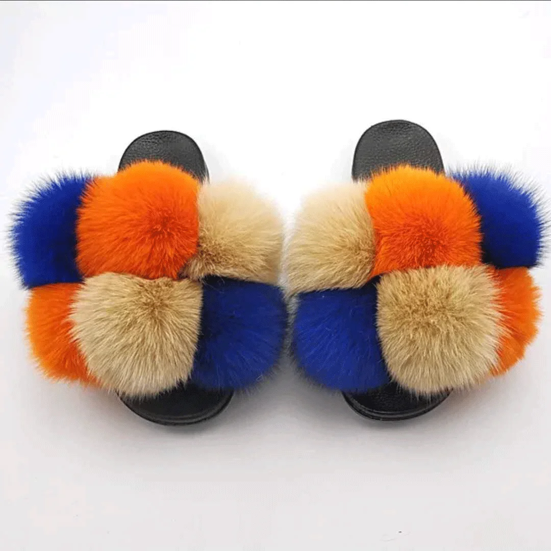 

big fuzzy fur stable quality soft jelly mixed color fur slides slipper, Customized colors