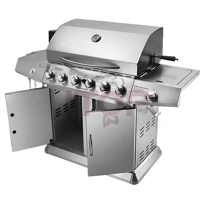 

Stainless steel bbq grill smokeless 6 burners with side burner kitchen gas barbecue grill party bbq machine, Silver