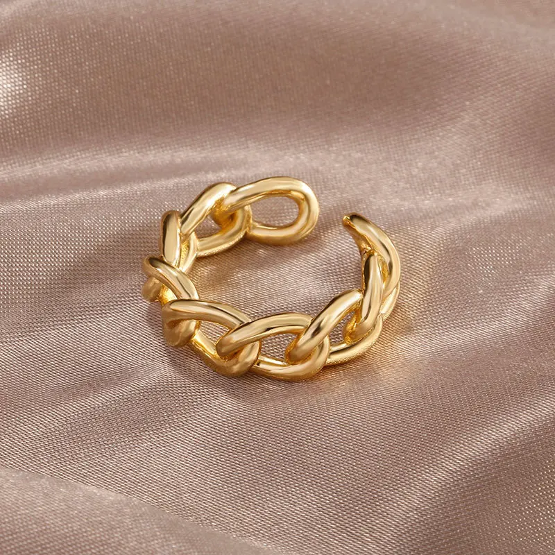 

Vintage Minimalist Gold Silver Plated CZ Hollow Woven Twist Open Rings Think Hollow Open Link Chain Rings